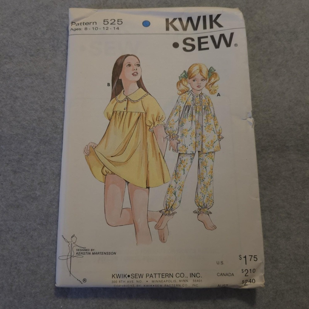 Vintage Kwik Sew 525 Girls Nightgown Pajamas Pattern 8-14 UNCUT 1970s